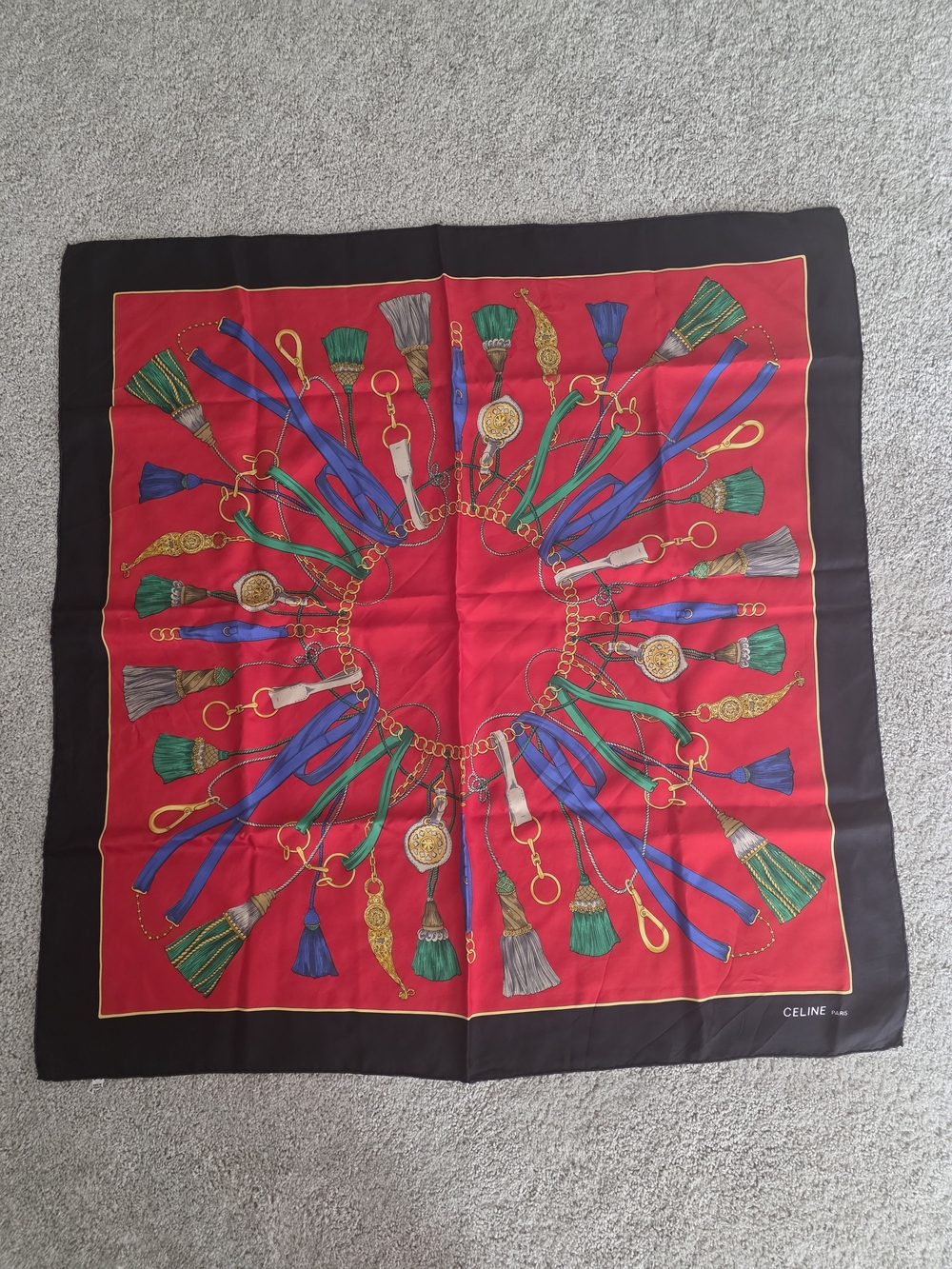Celine Silk Scarf in Red, Black and Gold Accent